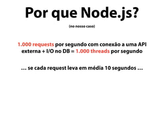 Por que Node.js?
(no nosso caso)
1.000 requests por segundo com conexão a uma API
externa + I/O no DB = 1.000 threads por segundo
… se cada request leva em média 10 segundos …
 