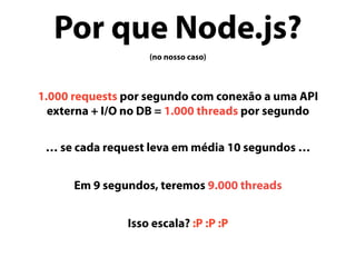 Por que Node.js?
(no nosso caso)
1.000 requests por segundo com conexão a uma API
externa + I/O no DB = 1.000 threads por segundo
… se cada request leva em média 10 segundos …
Em 9 segundos, teremos 9.000 threads
Isso escala? :P :P :P
 