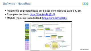 © 2017 IBM Corporation
Software - NodeRed
 Plataforma de programação por blocos com módulos para o TJBot
 Exemplos (recipes): https://ibm.biz/BdjRbG
 Módulo (npm) do NodeJS Red: https://ibm.biz/BdjRbC
 