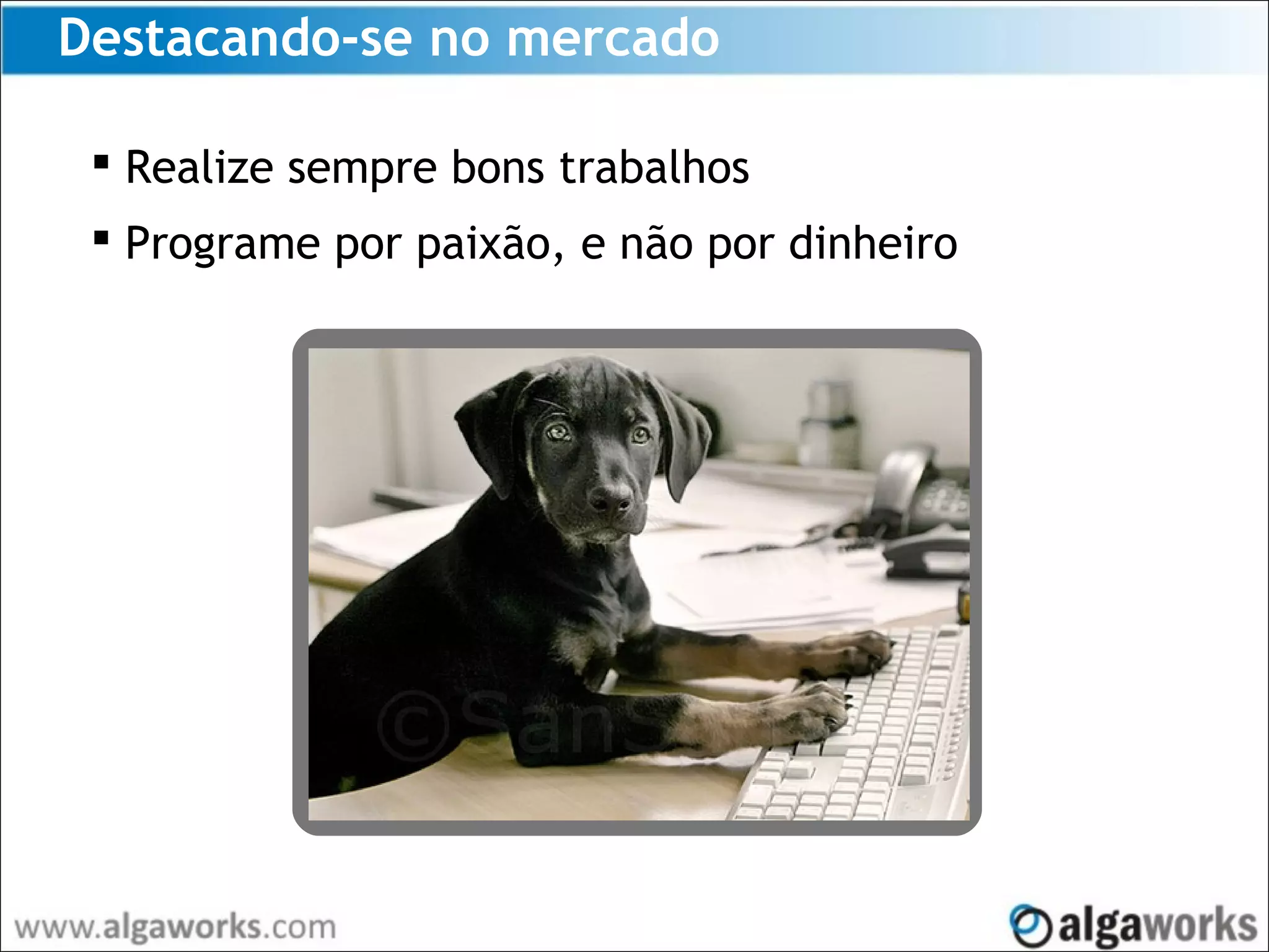 Destacando-se no mercado
 Realize sempre bons trabalhos
 Programe por paixão, e não por dinheiro
 