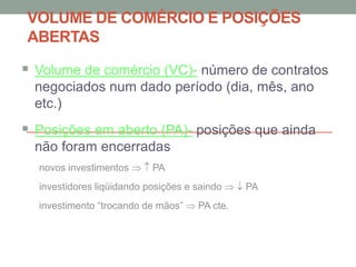 VOLUME DE COMÉRCIO E POSIÇÕES
ABERTAS
 Volume de comércio (VC)- número de contratos
negociados num dado período (dia, mês, ano
etc.)
 Posições em aberto (PA)- posições que ainda
não foram encerradas
novos investimentos   PA
investidores liqüidando posições e saindo   PA
investimento “trocando de mãos”  PA cte.
 