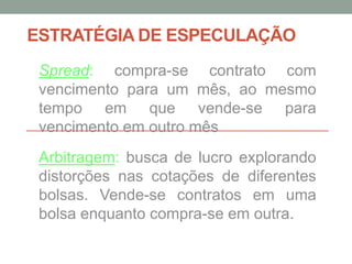ESTRATÉGIA DE ESPECULAÇÃO
Spread: compra-se contrato com
vencimento para um mês, ao mesmo
tempo em que vende-se para
vencimento em outro mês
Arbitragem: busca de lucro explorando
distorções nas cotações de diferentes
bolsas. Vende-se contratos em uma
bolsa enquanto compra-se em outra.
 