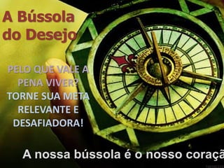 A Bússola
do Desejo
A nossa bússola é o nosso coraçã
PELO QUE VALE A
PENA VIVER?
TORNE SUA META
RELEVANTE E
DESAFIADORA!
 