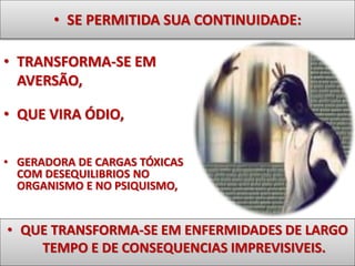 • SE PERMITIDA SUA CONTINUIDADE: 
• TRANSFORMA-SE EM 
AVERSÃO, 
• QUE VIRA ÓDIO, 
• GERADORA DE CARGAS TÓXICAS 
COM DESEQUILIBRIOS NO 
ORGANISMO E NO PSIQUISMO, 
• QUE TRANSFORMA-SE EM ENFERMIDADES DE LARGO 
TEMPO E DE CONSEQUENCIAS IMPREVISIVEIS. 
 