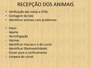 RECEPÇÃO DOS ANIMAIS
• Verificação das notas e GTAs
• Contagem do lote
• Identificar animais com problemas

•   Fazer:
-   Aparte
-   Vermifugação
-   Vacinas
-   Identificar marcas e n do curral
-   Identificar (Rastreabilidade)
-   Enviar para o confinamento
-   Limpeza do curral
 