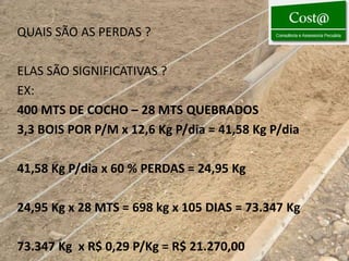 QUAIS SÃO AS PERDAS ?

ELAS SÃO SIGNIFICATIVAS ?
EX:
400 MTS DE COCHO – 28 MTS QUEBRADOS
3,3 BOIS POR P/M x 12,6 Kg P/dia = 41,58 Kg P/dia

41,58 Kg P/dia x 60 % PERDAS = 24,95 Kg

24,95 Kg x 28 MTS = 698 kg x 105 DIAS = 73.347 Kg

73.347 Kg x R$ 0,29 P/Kg = R$ 21.270,00
 