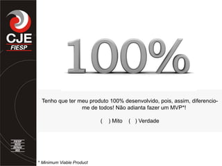 Tenho que ter meu produto 100% desenvolvido, pois, assim, diferencio-
me de todos! Não adianta fazer um MVP*!
( ) Mito ( ) Verdade
* Minimum Viable Product
 