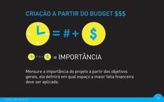 CRIAÇÃO A PARTIR DO BUDGET $$$




                                 = IMPORTÂNCIA
                  Mensure a importância do projeto a partir dos objetivos
                  gerais, ela definirá em qual espaço a maior fatia financeira
                  deve ser aplicada.


criação - @euripedesm                                                            10
 