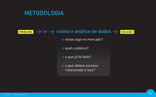 METODOLOGIA


                        DF   coleta e análise de dados
                              > existe algo no mercado?

                              > qual o público?

                              > o que já foi feito?

                              > o que obteve sucesso
                                relacionado a isso?




criação - @euripedesm                                     23
 