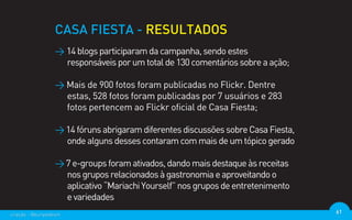 CASA FIESTA - RESULTADOS
                  > 14 blogs participaram da campanha, sendo estes
                    responsáveis por um total de 130 comentários sobre a ação;

                  > Mais de 900 fotos foram publicadas no Flickr. Dentre
                    estas, 528 fotos foram publicadas por 7 usuários e 283
                    fotos pertencem ao Flickr oficial de Casa Fiesta;

                  > 14 fóruns abrigaram diferentes discussões sobre Casa Fiesta,
                    onde alguns desses contaram com mais de um tópico gerado

                  > 7 e-groups foram ativados, dando mais destaque às receitas
                    nos grupos relacionados à gastronomia e aproveitando o
                    aplicativo “Mariachi Yourself” nos grupos de entretenimento
                    e variedades
criação - @euripedesm                                                              61
 
