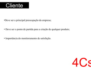 Praça (distribuição)Trata-se de toda a estrutura de canais de distribuição e logística que viabilizam a entrega ou aquisição do produto ao cliente;Há vários aspectos a se considerar, mas a decisão sobre a localização depende muito do mix de produtos comercializados, assim como da demanda;Os pontos fortes e fracos de um local são determinados por algumas características:1. O posicionamento do local2. Vizinhos3. Trânsito de pedestres e veículos4. Estruturas existentes5. Mix de lojas6. Visibilidade da loja7. Estacionamento4Ps