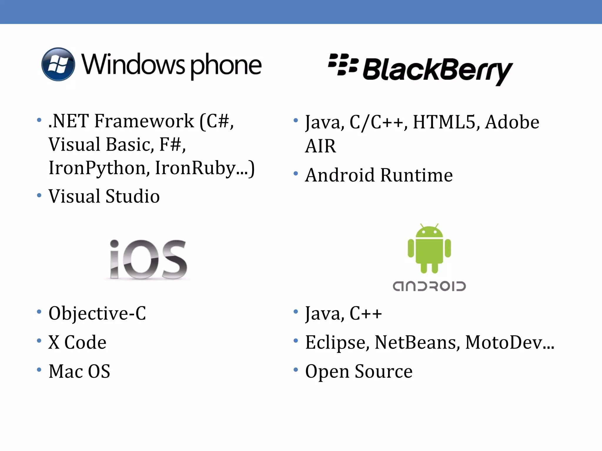 • .NET Framework (C#,        • Java, C/C++, HTML5, Adobe
  Visual Basic, F#,            AIR
  IronPython, IronRuby...)   • Android Runtime
• Visual Studio




• Objective-C                • Java, C++
• X Code                     • Eclipse, NetBeans, MotoDev...
• Mac OS                     • Open Source
 