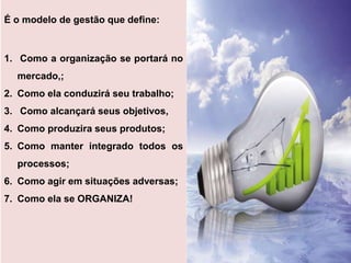 É o modelo de gestão que define:


1. Como a organização se portará no
  mercado,;
2. Como ela conduzirá seu trabalho;
3. Como alcançará seus objetivos,
4. Como produzira seus produtos;
5. Como manter integrado todos os
  processos;
6. Como agir em situações adversas;
7. Como ela se ORGANIZA!
 