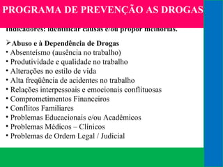(11) 3699.4245www.lares.psc.br
2013©LARES
Indicadores: identificar causas e/ou propor melhorias.
Abuso e à Dependência de Drogas
• Absenteísmo (ausência no trabalho)
• Produtividade e qualidade no trabalho
• Alterações no estilo de vida
• Alta freqüência de acidentes no trabalho
• Relações interpessoais e emocionais conflituosas
• Comprometimentos Financeiros
• Conflitos Familiares
• Problemas Educacionais e/ou Acadêmicos
• Problemas Médicos – Clínicos
• Problemas de Ordem Legal / Judicial
2012©LARES
PROGRAMA DE PREVENÇÃO AS DROGAS
 