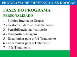 (11) 3699.4245www.lares.psc.br
2013©LARES
FASES DO PROGRAMA
PERSONALIZADO
1 - Política Interna de Drogas
2 - Gestores, lideres e assemelhados
3 - Sensibilização na Instituição
4 - Diagnóstico/Triagem
5 - Encaminhar para o Pré-Tratamento
6 - Encaminhar para o Tratamento
7 - Pós Tratamento
PROGRAMA DE PREVENÇÃO AS DROGAS
 