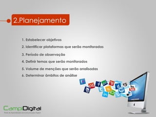 2.Planejamento 3. Período de observação 2. Identificar plataformas que serão monitoradas 4. Definir temas que serão monitorados 1. Estabelecer objetivos 5. Volume de menções que serão analisadas 6. Determinar âmbitos de análise 