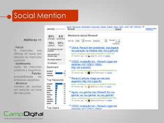 Social Mention Métricas >> Força:   % menções nas últimas 24 horas em relação às menções possíveis Sentimento:  razão de menções positivas x negativas Paixão : probabilidade de emissores repetidos Alcance :  número de autores em relação ao total de menções 