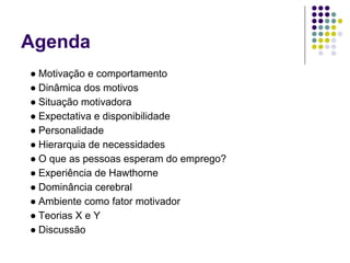 Agenda
● Motivação e comportamento
● Dinâmica dos motivos
● Situação motivadora
● Expectativa e disponibilidade
● Personalidade
● Hierarquia de necessidades
● O que as pessoas esperam do emprego?
● Experiência de Hawthorne
● Dominância cerebral
● Ambiente como fator motivador
● Teorias X e Y
● Discussão
 