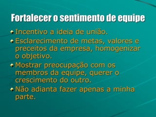 Fortalecer o sentimento de equipe
Incentivo a ideia de união.
Esclarecimento de metas, valores e
preceitos da empresa, homogenizar
o objetivo.
Mostrar preocupação com os
membros da equipe, querer o
crescimento do outro.
Não adianta fazer apenas a minha
parte.
 