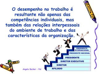 O desempenho no trabalho é resultante não apenas das competências individuais, mas também das relações interpessoais do ambiente de trabalho e das características da organização.   