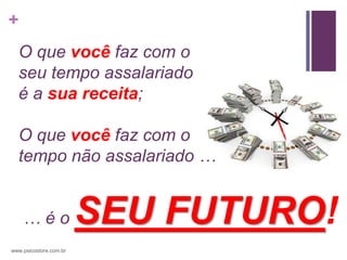 +
  O que você faz com o
  seu tempo assalariado
  é a sua receita;

  O que você faz com o
  tempo não assalariado …


    …éo                 SEU FUTURO!
www.psicostore.com.br
 