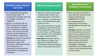 Permita-se sentir mesmo o
que é ruim
• Ser equilibrado não significa
estar sempre calmo. “É
fundamental se deixar vivenciar
as emoções, inclusive as
negativas”.
• ignorar o incômodo não vai
fazê-lo desaparecer. Quanto
mais você deixar a emoção
correr livremente no seu foro
íntimo, mais chances tem de
elaborar aquele problema e,
eventualmente, solucioná-lo.
Exemplo: Se você está sentindo
raiva do seu chefe, a pior
alternativa é negar esse
sentimento. Não precisa brigar,
necessariamente. “O
importante é você processar
internamente a emoção para
entendê-la”.
Não pense apenas, escreva
• Expressar nossos sentimentos
no papel ajuda a trazer mais
informação para o consciente.
• Essa “tradução” contribui para
que os seus sentimentos reais
venham à tona.
“Se você permanece no campo
imaginativo, sem dar forma ao
seu pensamento com a escrita
ou com a fala, o conflito segue
por caminhos mais confortáveis
e nada se resolve de fato”.
• Exemplo: Muita gente pensa
que admira um colega, mas
pode estar sentindo inveja.
“Descobertas desse tipo podem
ocorrer no processo da escrita”.
Reconheça as suas
limitações e as dos outros
• Num momento de decisão, é
essencial estar atento às suas
próprias expectativas,
fragilidades e anseios.
• Um segundo passo é
desenvolver essa mesma
sensibilidade em direção aos
outros.
Exemplo: Quando um acordo
com fornecedores não sai de
jeito nenhum, pode ser que o
impasse não envolva apenas
limites financeiros ou físicos.
Talvez estejam envolvidos
fatores emocionais como
ansiedade e desespero.
“Identificar esses limites ajuda
a buscar uma solução boa para
as duas partes”.
 