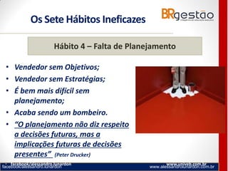 facebook/alessandro.lunardon www.alessandrolunardon.com.br
• facebook/alessandro.lunardon www.univeb.com.br
Hábito 4 – Falta de Planejamento
• Vendedor sem Objetivos;
• Vendedor sem Estratégias;
• É bem mais difícil sem
planejamento;
• Acaba sendo um bombeiro.
• “O planejamento não diz respeito
a decisões futuras, mas a
implicações futuras de decisões
presentes” (Peter Drucker)
Os Sete Hábitos Ineficazes
 