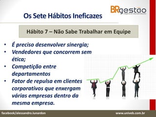 facebook/alessandro.lunardon www.alessandrolunardon.com.brfacebook/alessandro.lunardon www.univeb.com.br
Hábito 7 – Não Sabe Trabalhar em Equipe
• É preciso desenvolver sinergia;
• Vendedores que concorrem sem
ética;
• Competição entre
departamentos
• Fator de repulsa em clientes
corporativos que enxergam
várias empresas dentro da
mesma empresa.
Os Sete Hábitos Ineficazes
 