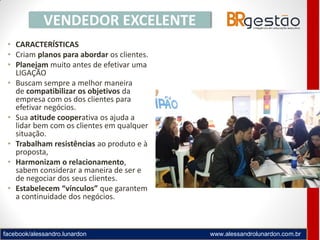 facebook/alessandro.lunardon www.alessandrolunardon.com.br
• CARACTERÍSTICAS
• Criam planos para abordar os clientes.
• Planejam muito antes de efetivar uma
LIGAÇÃO
• Buscam sempre a melhor maneira
de compatibilizar os objetivos da
empresa com os dos clientes para
efetivar negócios.
• Sua atitude cooperativa os ajuda a
lidar bem com os clientes em qualquer
situação.
• Trabalham resistências ao produto e à
proposta,
• Harmonizam o relacionamento,
sabem considerar a maneira de ser e
de negociar dos seus clientes.
• Estabelecem “vínculos” que garantem
a continuidade dos negócios.
VENDEDOR EXCELENTE
 