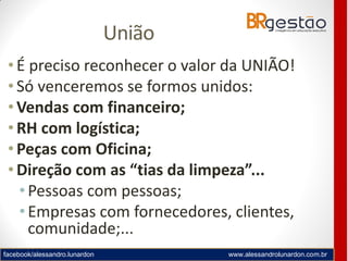 facebook/alessandro.lunardon www.alessandrolunardon.com.br
União
•É preciso reconhecer o valor da UNIÃO!
•Só venceremos se formos unidos:
•Vendas com financeiro;
•RH com logística;
•Peças com Oficina;
•Direção com as “tias da limpeza”...
•Pessoas com pessoas;
•Empresas com fornecedores, clientes,
comunidade;...
 