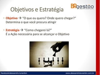 facebook/alessandro.lunardon www.alessandrolunardon.com.br
• Objetivo  “O que eu quero? Onde quero chegar?”
Determina o que você procura atingir
• Estratégia  “Como chegarei lá?”
É a Ação necessária para se alcançar o Objetivo
Objetivos e Estratégia
 