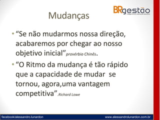 facebook/alessandro.lunardon www.alessandrolunardon.com.br
Mudanças
• “Se não mudarmos nossa direção,
acabaremos por chegar ao nosso
objetivo inicial”provérbio Chinês.
• “O Ritmo da mudança é tão rápido
que a capacidade de mudar se
tornou, agora,uma vantagem
competitiva”.Richard Lowe
 
