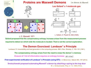 Proteins are Maxwell Demons
DS =
DQ
T
=
W
T
= k ln 2
Leo Szilard’s 1-molecule gas
L. Szilard, Z. Physik 53, 840 (1929).
J. C. Maxwell, 1871
Szilard proposed that the compensatory entropy increase arises from the measurement process
required to detect on which side the molecule is located. That is not the correct explanation.
The Demon Exorcised: Landauer’s Principle
Landauer, R. Irreversibility and heat generation in the computing process. IBM J.Res. Develop. 5, 183–191 (1961).
The compensatory entropy arises from the need to erase the demon’s memory:
Erasure of 1 bit of information requires an entropy increase DS ³ kln2
First experimental verification of Landauer’s Principle (using OT!): A. Bérut et al., Nature 483, 187 (2012)
Smoluchowski proposed automating Maxwell’s demon by attaching a spring to the trap door
M. v. Smoluchowski, Phys. Z. 13, 1069 (1912).
 