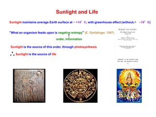 Sunlight and Life
Sunlight maintains average Earth surface at ~ +14°C, with greenhouse effect (without, –19°C)
“What an organism feeds upon is negative entropy” (E. Schödinger, 1947)
order, information
Sunlight is the source of this order, through photosynthesis
Sunlight is the source of life
 