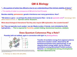 QM & Biology
“…the quantum of action has offered a clue to our understanding of the intrinsic stability of atoms”
(Bohr 1932)
✓ The stability of matter is a consequence of QM (with the Pauli Principle).
Besides stability, permanence: genetic inheritance over many generations. How?
“We believe a gene – or perhaps the whole chromosome fiber – to be an aperiodic solid” (Schrödinger 1947)
(Before Watson & Crick). ✓ “Aperiodic solid” Biopolymer.
What about biological interactions? Do they also require QM explanation, like covalent bonds?
No! They are typically much weaker: van der Waals-London, H bonds, ionic (shielded by H2O),
hydrophobic, … This is required for flexibility: protein folding, biochemical reactions, catalysis
Does Quantum Coherence Play a Role?
Possibly (still not settled), again in connection with light: in photosynthesis.
G. Fleming+ al., Nature 434, 625 (2005)
Transfer of excitation energy from pigment antenna
molecule to reaction center, observed by 2D
femtosecond photon-echo spectroscopy, is not
stepwise down energy ladder, but by coherent
oscillations among delocalized Frenkel excitons.
However, no entanglement among chromophores
has been observed so far.
 