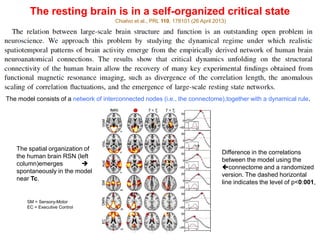 The resting brain is in a self-organized critical state
Chialvo et al., PRL 110, 178101 (26 April 2013)
The model consists of a network of interconnected nodes (i.e., the connectome),together with a dynamical rule.
Difference in the correlations
between the model using the
connectome and a randomized
version. The dashed horizontal
line indicates the level of p<0:001,
The spatial organization of
the human brain RSN (left
column)emerges 
spontaneously in the model
near Tc.
®®
SM = Sensory-Motor
EC = Executive Control
 