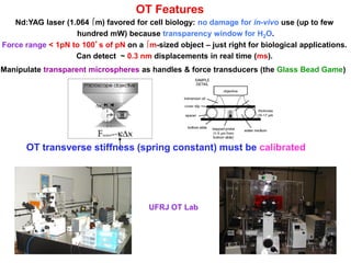 Nd:YAG laser (1.064 m) favored for cell biology: no damage for in-vivo use (up to few
hundred mW) because transparency window for H2O.
Force range < 1pN to 100’s of pN on a m-sized object – just right for biological applications.
Can detect ~ 0.3 nm displacements in real time (ms).
Manipulate transparent microspheres as handles & force transducers (the Glass Bead Game)
OT transverse stiffness (spring constant) must be calibrated
OT Features
UFRJ OT Lab
 