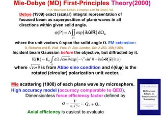 Debye (1909) exact (scalar) integral representation of
focused beam as superposition of plane waves in all
directions within given solid angle.
Mie-Debye (MD) First-Principles Theory(2000)
P. A. Maia Neto & HMN, Europhys. Lett. 50 (2000) 702.
where the unit vectors û span the solid angle Ω. EM extension:
Incident beam Gaussian before the objective, but diffracted by it.
where is from Abbe sine condition and ê(θ,φ) is the
rotated (circular) polarization unit vector.
Mie scattering (1908) of each plane wave by microsphere.
High accuracy model (accuracy comparable to QED).
Dimensionless force efficiency factor defined by
Axial efficiency is easiest to evaluate
B. Richards and E. Wolf, Proc. R. Soc. London, Ser. A 253, 358(1959).
j(P) = A exp ikˆuiR( )
W
òò dWˆu
 