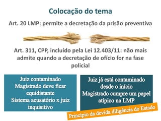 Colocação do tema 
Art. 20 LMP: permite a decretação da prisão preventiva 
Art. 311, CPP, incluído pela Lei 12.403/11: não mais 
admite quando a decretação de ofício for na fase 
policial 
 