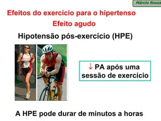 Márcio Souza

Efeitos do exercício para o hipertenso
             Efeito agudo
   Hipotensão pós-exercício (HPE)



                        ↓ PA após uma
                      sessão de exercício




  A HPE pode durar de minutos a horas
 