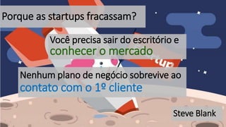 10
Porque as startups fracassam?
Nenhum plano de negócio sobrevive ao
contato com o 1º cliente
Steve Blank
Você precisa sair do escritório e
conhecer o mercado
 
