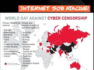 Internet sob ataque!
EDWARD SNOWDEN, EX-TÉCNICO DA CIA, DENUNCIOU A EXISTÊNCIA DE
UM SISTEMA MUNDIAL DE VIGILÂNCIA (PROGRAMA PRISM)A SERVIÇO DO
GOVERNO DOS EUA, ENVOLVENDO EMPRESAS DA ÁREA DE TECNOLOGIA
E TELECOMUNICAÇÕES. EXILADO DESDE 1º DE AGOSTO NA RÚSSIA.
 