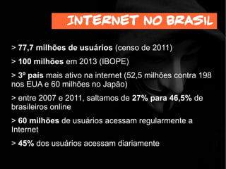 Internet no brasil
> 77,7 milhões de usuários (censo de 2011)
> 100 milhões em 2013 (IBOPE)
> 3º país mais ativo na internet (52,5 milhões contra 198
nos EUA e 60 milhões no Japão)
> entre 2007 e 2011, saltamos de 27% para 46,5% de
brasileiros online
> 60 milhões de usuários acessam regularmente a
Internet
> 45% dos usuários acessam diariamente
 