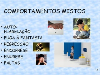 COMPORTAMENTOS MISTOS


    AUTO-
    FLAGELAÇÃO

    FUGA À FANTASIA

    REGRESSÃO

    ENCOPRESE

    ENURESE

    FALTAS
                            12
 