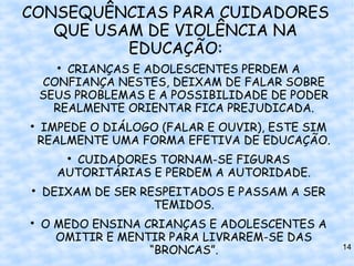 CONSEQUÊNCIAS PARA CUIDADORES
   QUE USAM DE VIOLÊNCIA NA
          EDUCAÇÃO:
      
        CRIANÇAS E ADOLESCENTES PERDEM A
    CONFIANÇA NESTES, DEIXAM DE FALAR SOBRE
    SEUS PROBLEMAS E A POSSIBILIDADE DE PODER
      REALMENTE ORIENTAR FICA PREJUDICADA.

    IMPEDE O DIÁLOGO (FALAR E OUVIR), ESTE SIM
    REALMENTE UMA FORMA EFETIVA DE EDUCAÇÃO.
        CUIDADORES TORNAM-SE FIGURAS
          


      AUTORITÁRIAS E PERDEM A AUTORIDADE.

    DEIXAM DE SER RESPEITADOS E PASSAM A SER
                    TEMIDOS.

    O MEDO ENSINA CRIANÇAS E ADOLESCENTES A
      OMITIR E MENTIR PARA LIVRAREM-SE DAS
                   “BRONCAS”.                    14
 