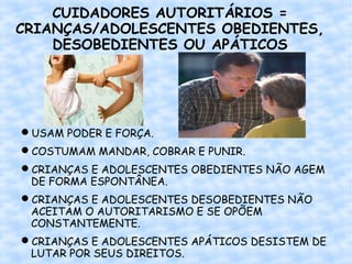 CUIDADORES AUTORITÁRIOS =
CRIANÇAS/ADOLESCENTES OBEDIENTES,
    DESOBEDIENTES OU APÁTICOS




USAM PODER E FORÇA.
COSTUMAM MANDAR, COBRAR E PUNIR.
CRIANÇAS E ADOLESCENTES OBEDIENTES NÃO AGEM
 DE FORMA ESPONTÂNEA.
CRIANÇAS E ADOLESCENTES DESOBEDIENTES NÃO
 ACEITAM O AUTORITARISMO E SE OPÕEM
 CONSTANTEMENTE.
CRIANÇAS E ADOLESCENTES APÁTICOS DESISTEM DE
 LUTAR POR SEUS DIREITOS.
 