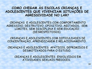 COMO CHEGAM ÀS ESCOLAS CRIANÇAS E
ADOLESCENTES QUE VIVENCIAM SITUAÇÕES DE
         AGRESSIVIDADE NO LAR?

  CRIANÇAS E ADOLESCENTES COM COMPORTAMENTO
AGRESSIVO, DESTRUTIVO, OPOSITIVO, AGITADOS, SEM
     LIMITES, SEM DISCIPLINA E SEM EDUCAÇÃO
                (DESRESPEITOS0S).

  CRIANÇAS E ADOLESCENTES COM DIFICULDADES DE
 CONCENTRAÇÃO, APRENDIZAGEM E RELACIONAMENTO.

 CRIANÇAS E ADOLESCENTES APÁTICOS, DEPRIMIDOS E
         DESMOTIVADOS PARA O ESTUDO.

    CRIANÇAS E ADOLESCENTES ENVOLVIDOS EM
        ATIVIDADES SEXUAIS PRECOCES.
                                                  34
 