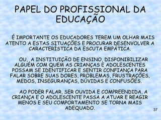 PAPEL DO PROFISSIONAL DA
           EDUCAÇÃO
  É IMPORTANTE OS EDUCADORES TEREM UM OLHAR MAIS
ATENTO A ESTAS SITUAÇÕES E PROCURAR DESENVOLVER A
        CARACTERÍSTICA DA ESCUTA EMPÁTICA.

     OU, A INSTITUIÇÃO DE ENSINO, DISPONIBILIZAR
   ALGUÉM COM QUEM AS CRIANÇAS E ADOLESCENTES
  POSSAM SE IDENTIFICAR E SENTIR CONFIANÇA PARA
 FALAR SOBRE SUAS DORES, PROBLEMAS, FRUSTRAÇÕES,
    MEDOS, INSEGURANÇAS, DÚVIDAS E CONFUSÕES.

     AO PODER FALAR, SER OUVIDA E COMPREENDIDA, A
  CRIANÇA E O ADOLESCENTE PASSA A ATUAR E REAGIR
    MENOS E SEU COMPORTAMENTO SE TORNA MAIS
                     ADEQUADO.                      37
 