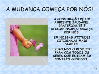 A MUDANÇA COMEÇA POR NÓS!
              A CONSTRUÇÃO DE UM
               AMBIENTE SAUDÁVEL,
                 GRATIFICANTE E
             RECOMPENSADOR COMEÇA
                    POR NÓS.
              EM NOSSAS ATITUDES
               COTIDIANAS MAIS
                   SIMPLES.
             EXERCENDO O RESPEITO
              PARA COM TODOS OS
             SERES QUE ENTRAM EM
              CONTATO CONOSCO.


                                    44
 