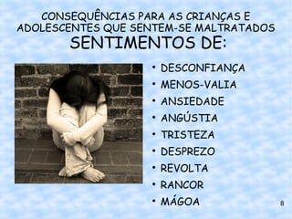 CONSEQUÊNCIAS PARA AS CRIANÇAS E
ADOLESCENTES QUE SENTEM-SE MALTRATADOS
       SENTIMENTOS DE:
                   
                       DESCONFIANÇA
                   
                       MENOS-VALIA
                   
                       ANSIEDADE
                   
                       ANGÚSTIA
                   
                       TRISTEZA
                   
                       DESPREZO
                   
                       REVOLTA
                   
                       RANCOR
                   
                       MÁGOA             8
 